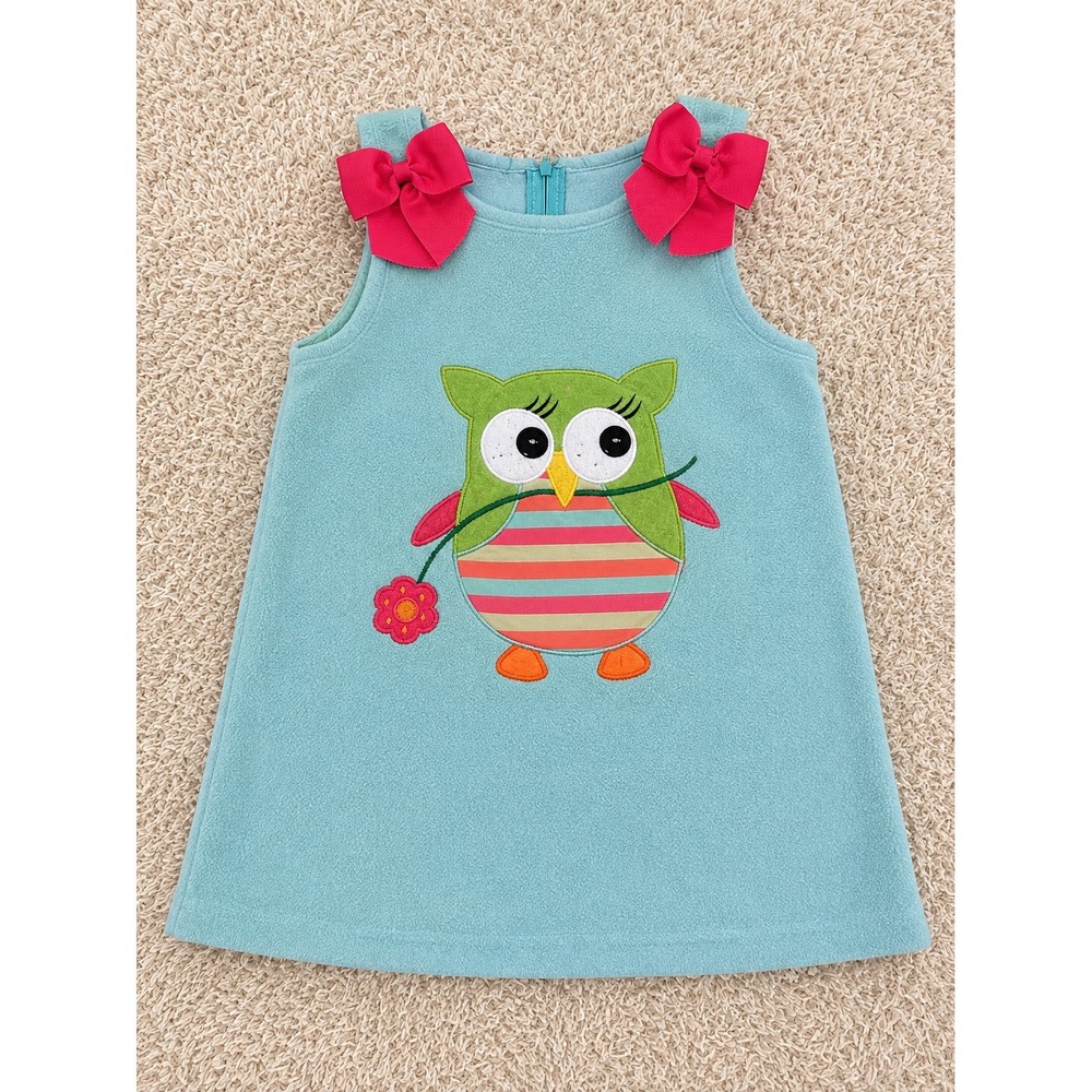 Bonnie Jean Girls 3T Aqua Blue Fleece Owl Applique Bow Shoulder Jumper Dress